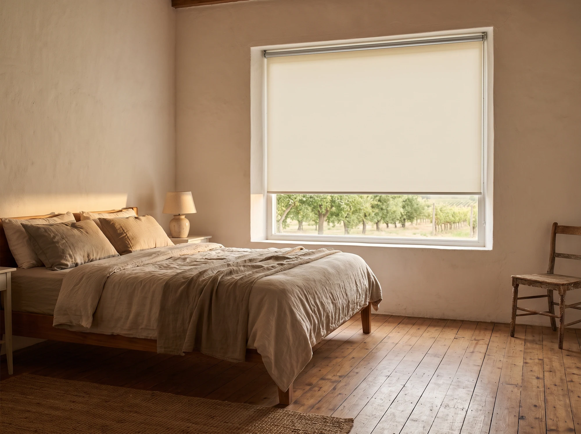 Cream blockout roller blind lowered over a farmhouse bedroom window on a Simondium smallholding, orchard rows visible outside
