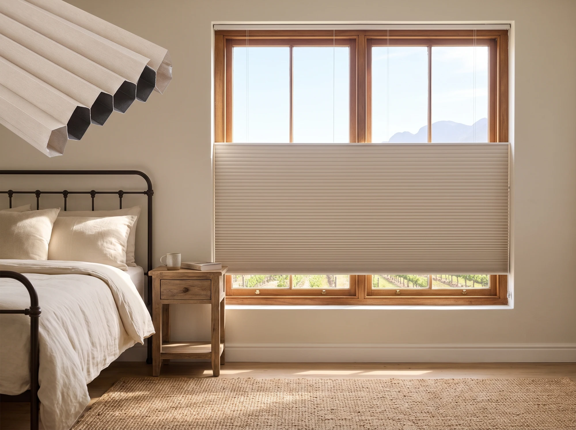 Honeycomb cellular blind partly raised over a bedroom window in a Simondium farm cottage, with the honeycomb cell structure shown in close-up