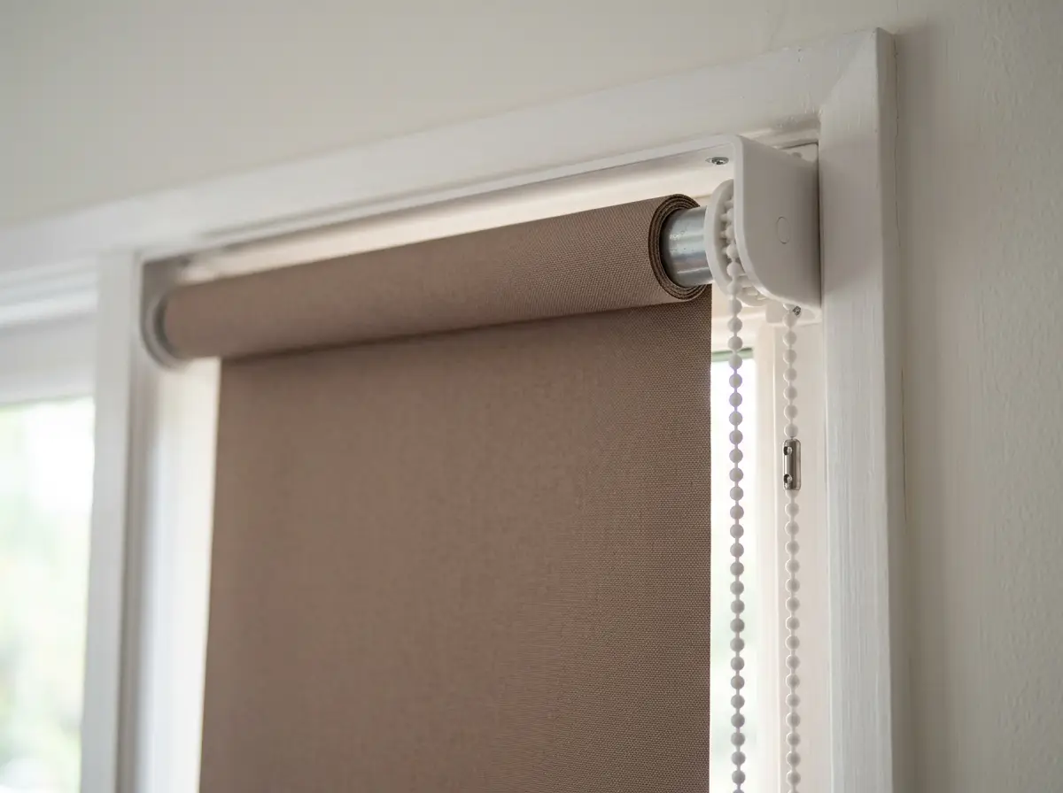 Close-up of a roller blind headrail and bead-chain mechanism, taupe fabric, chain tensioner fitted to the wall