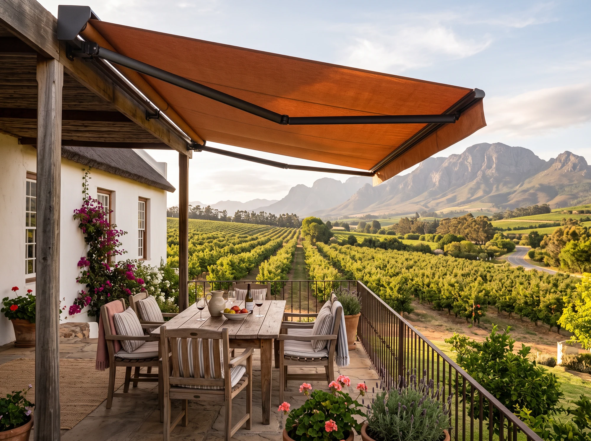 Orange folding-arm awning extended over a farmhouse stoep on a Simondium orchard property, table set for lunch with vineyard and mountain view