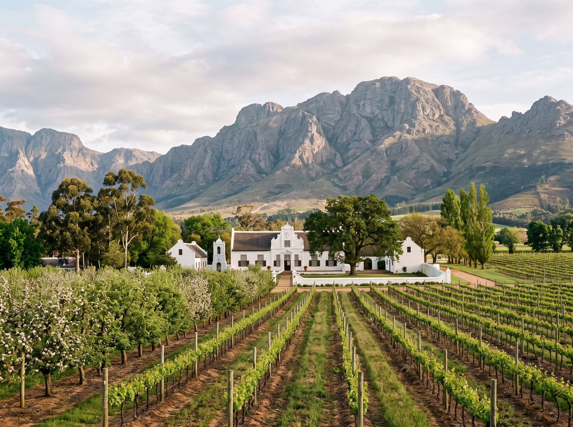 Whitewashed Cape Dutch werf homestead among orchard blossom and vineyard rows near Groot Drakenstein, mountains behind