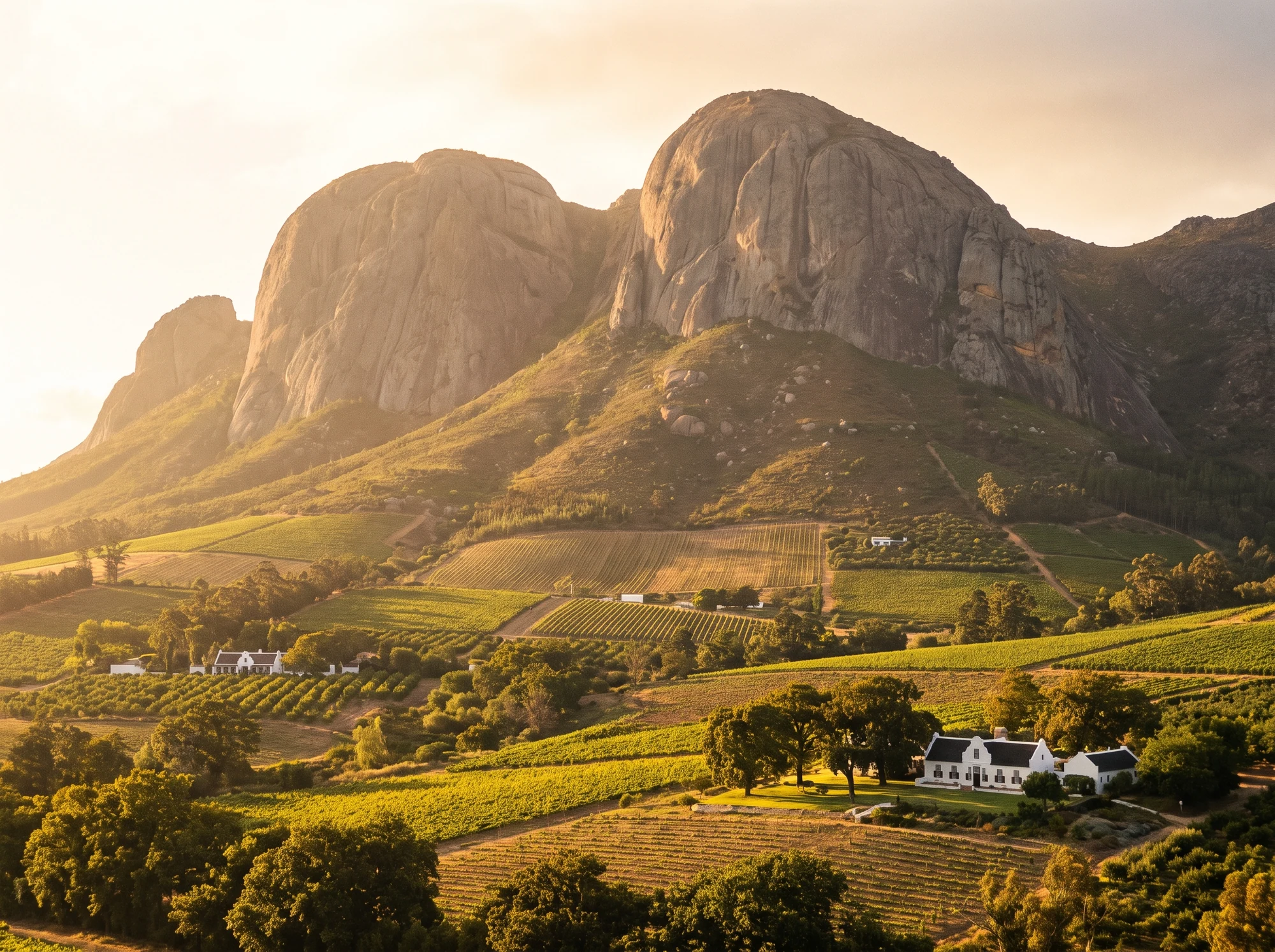 Paarl Rock's granite domes rising above vineyards and homesteads, seen from the Simondium side of the valley