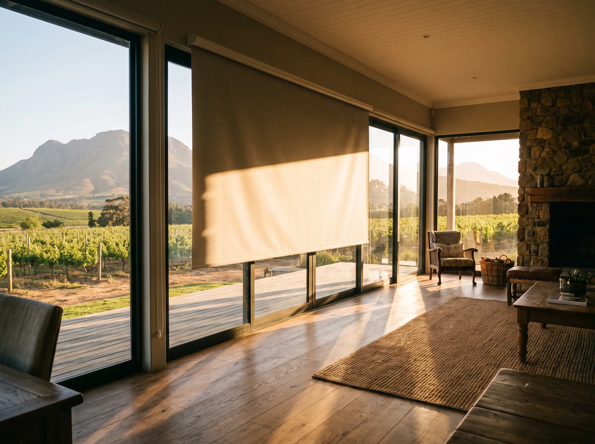 Blockout roller blind lowered over glass sliding doors in a Simondium farmhouse living room, vineyard rows and mountains outside