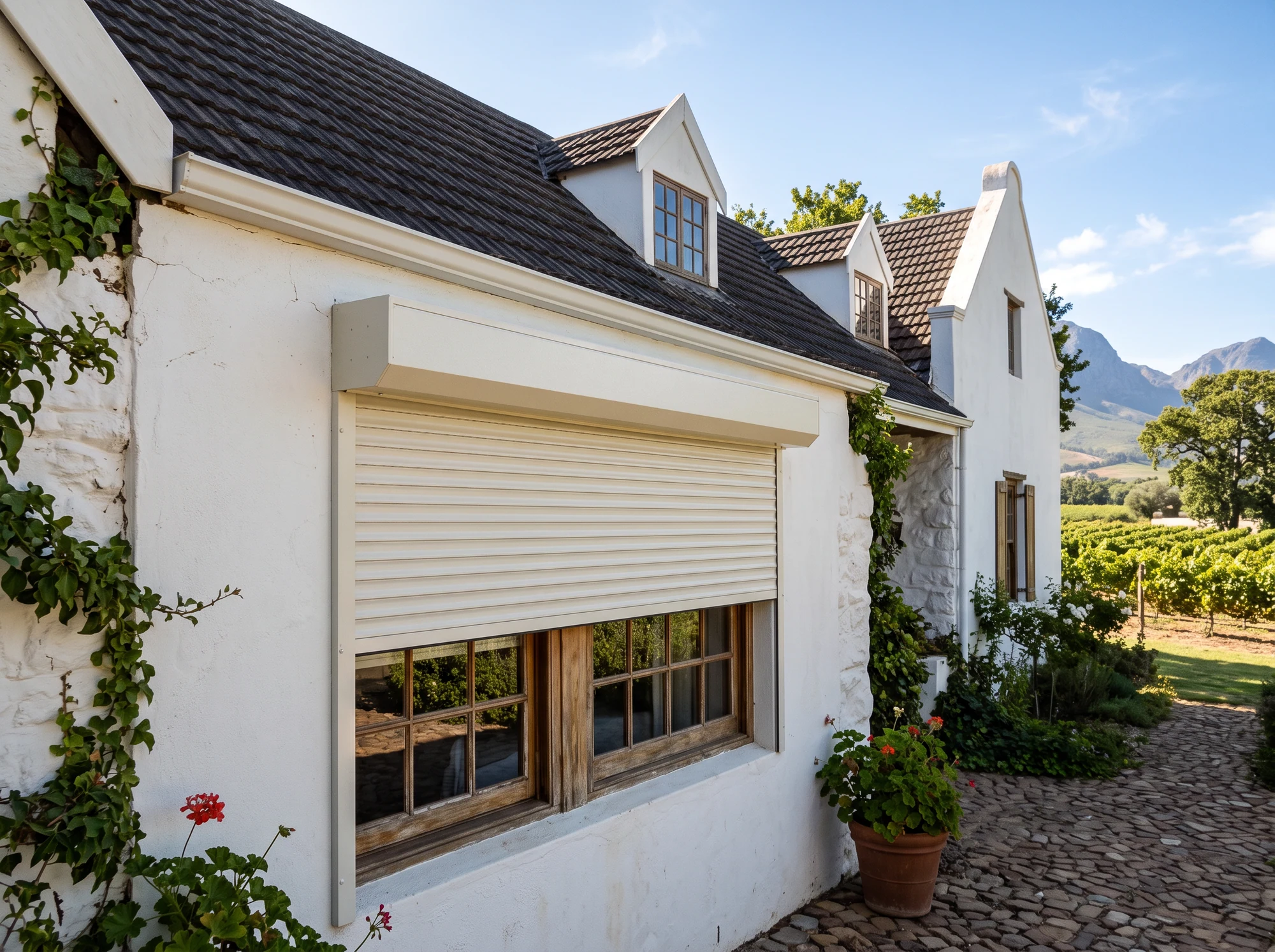 External aluminium roller shutter partly lowered over a window on a Simondium farmhouse facade, vineyard and mountains beyond