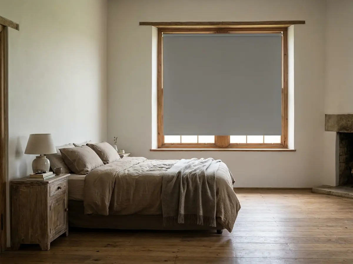 Grey blockout roller blind lowered over a wood-framed window in a Simondium cottage bedroom, linen bedding and a stone hearth beyond