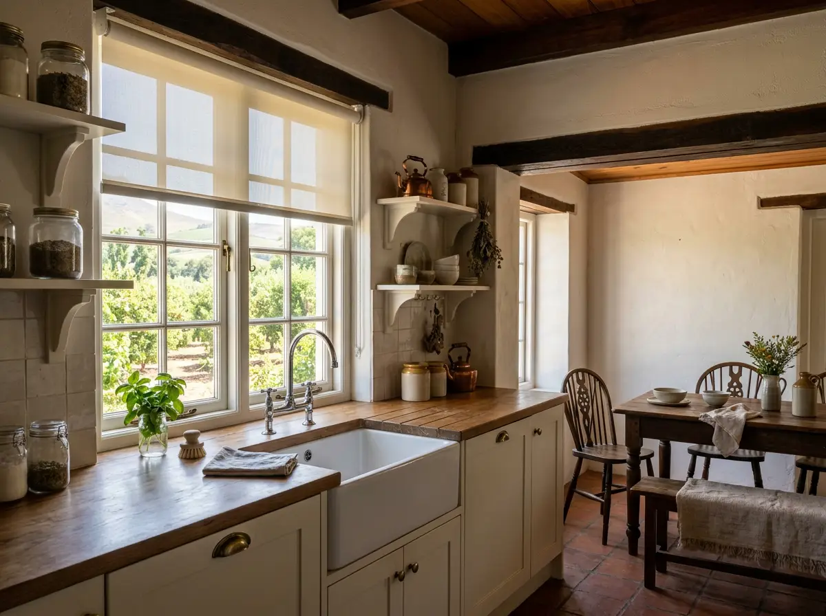 Sunscreen roller blind raised over a farmhouse kitchen window on a Simondium orchard property, fruit rows outside