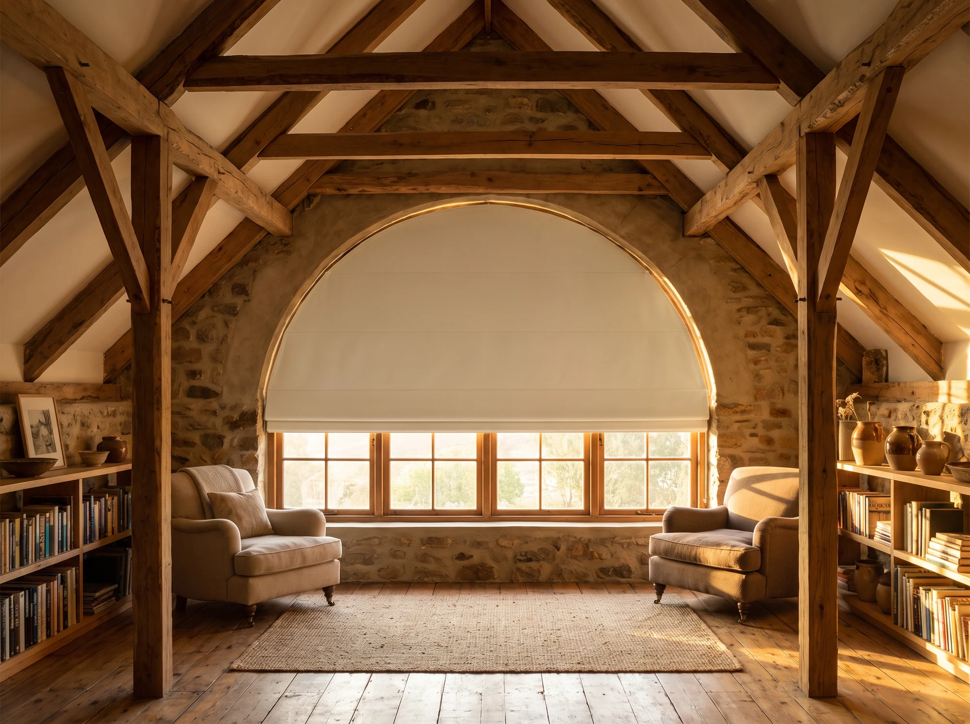 Shaped fabric blind fitted to an arched gable window in a Simondium farmhouse loft, stone walls and timber roof trusses