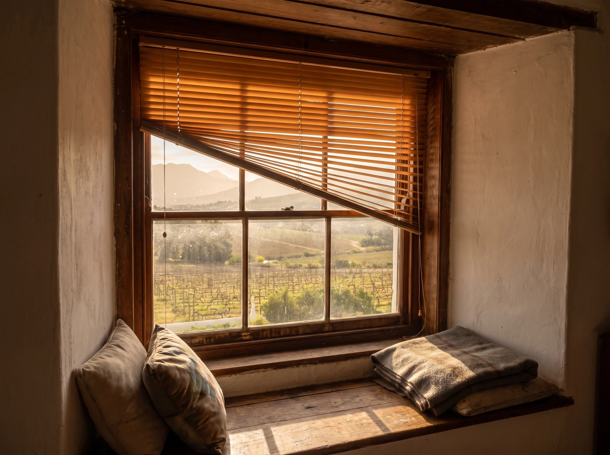 Timber venetian blind tilted half-open in a Simondium homestead window seat, vineyard and mountain view outside