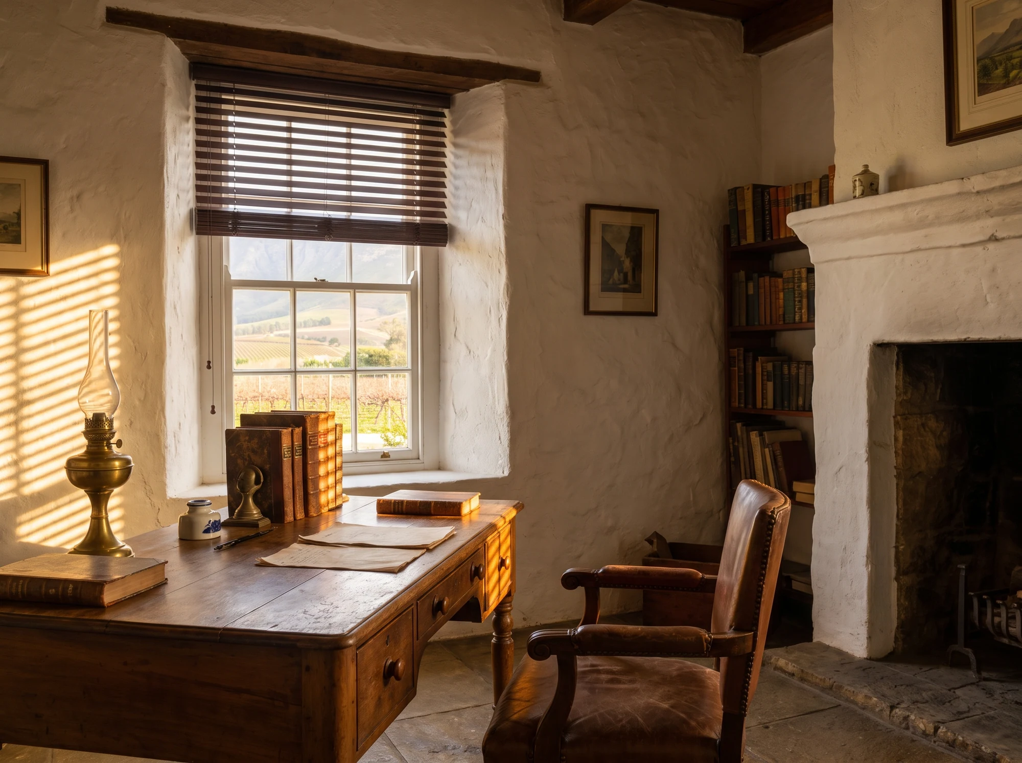 Dark timber venetian blind tilted half-open in a farmhouse study near Simondium, vineyard rows visible through the sash window