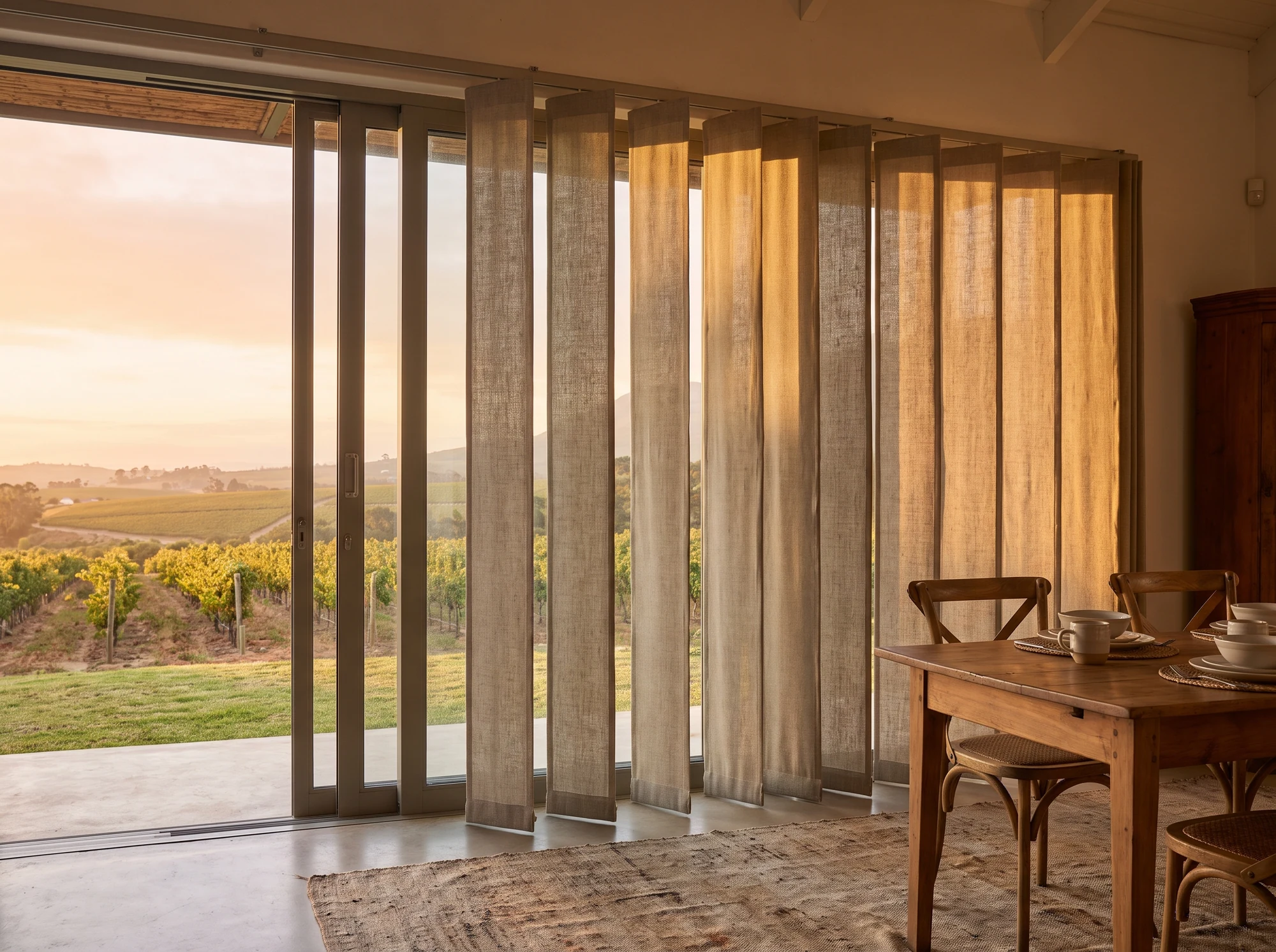 Fabric panel blinds on a track across a sliding patio door in a Simondium farmhouse dining room, vineyard sunset outside