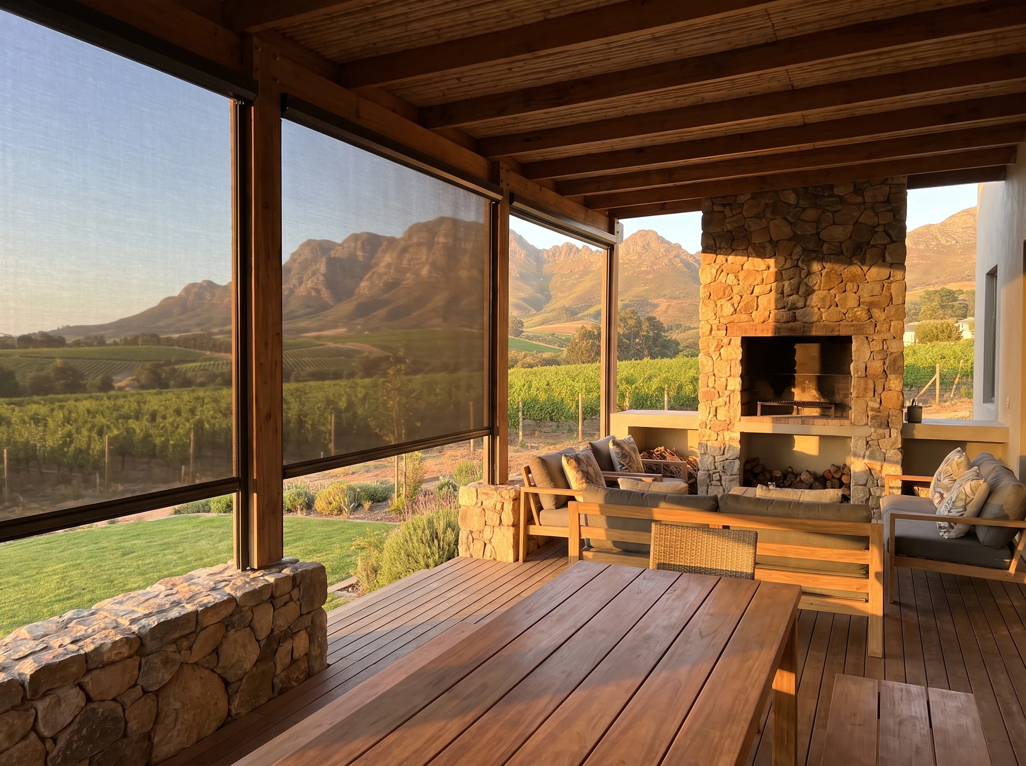 Zip screen mesh panels enclosing an outdoor braai room on a Simondium wine farm, vineyard and mountain view beyond